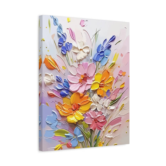 Vibrant Meadow 3D Flowers Paint By Numbers painting featuring textured pastel and vivid blooms in yellow, blue, orange, pink, and white against a soft gradient background, perfect for Canadian art lovers shown in a frame