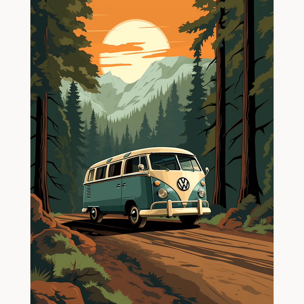 Vintage Road Trip Paint By Numbers featuring a retro VW van driving through a scenic forest trail under a warm sunset sky, perfect for Canadian adventure lovers