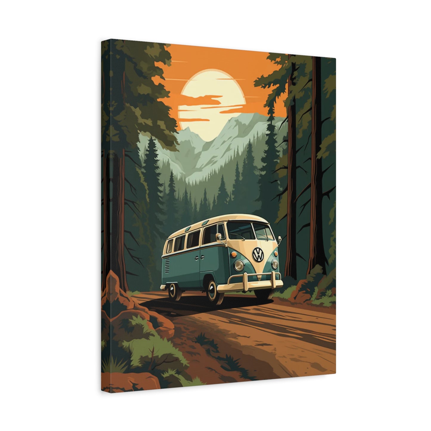 Vintage Road Trip Paint By Numbers featuring a retro VW van driving through a scenic forest trail under a warm sunset sky, perfect for Canadian adventure lovers shown in a frame