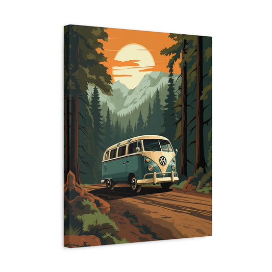 Vintage Road Trip Paint By Numbers featuring a retro VW van driving through a scenic forest trail under a warm sunset sky, perfect for Canadian adventure lovers shown in a frame