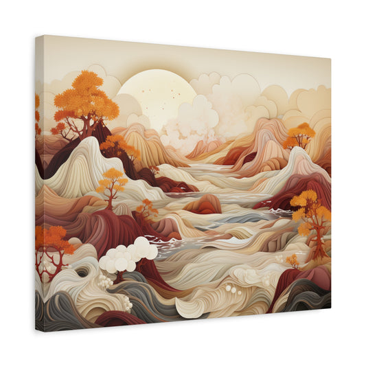 Waves of Autumn Paint By Numbers painting featuring a flowing abstract landscape in warm beige, red, and amber tones, with stylized autumn trees and soft curves resembling paper waves.