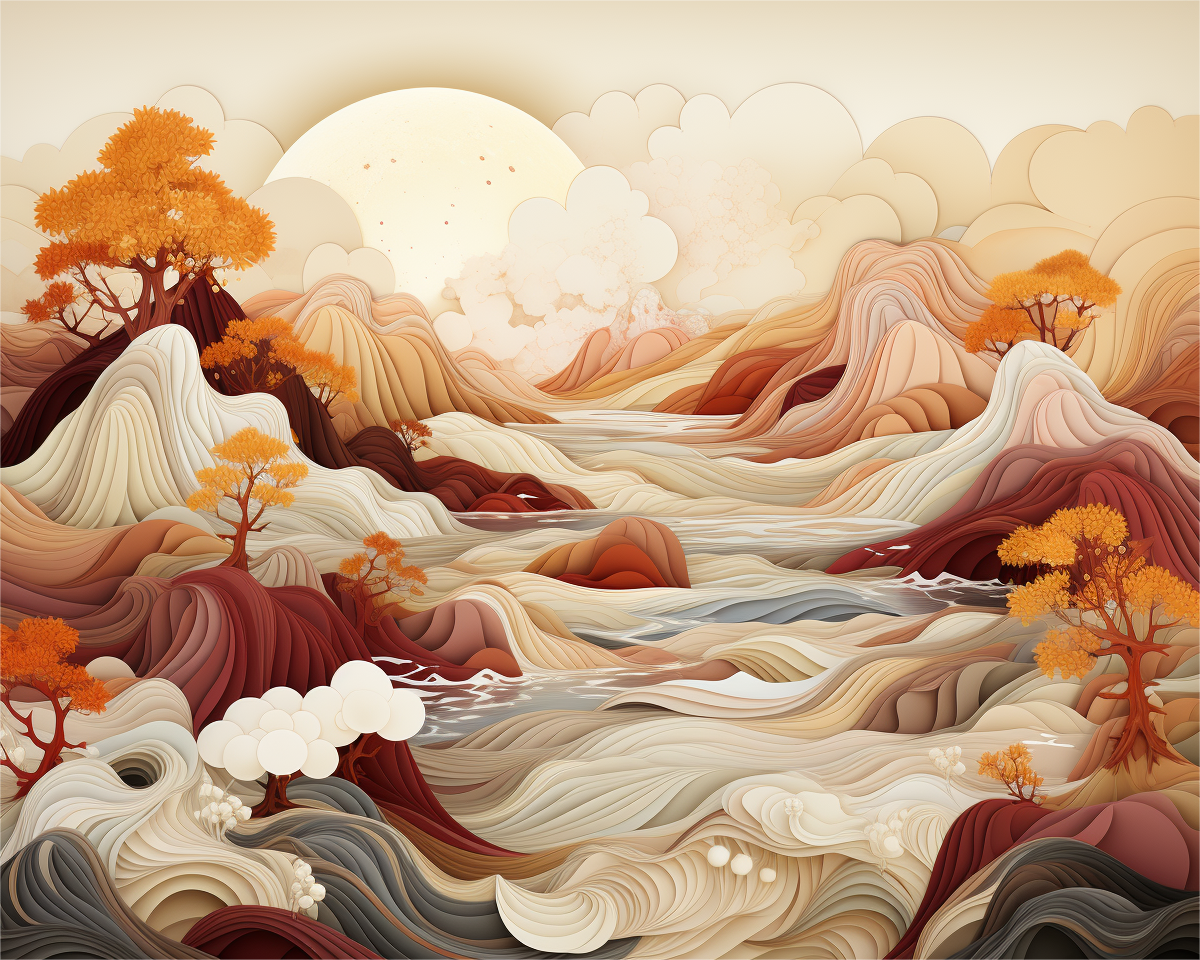 Waves of Autumn Paint By Numbers painting featuring a flowing abstract landscape in warm beige, red, and amber tones, with stylized autumn trees and soft curves resembling paper waves.