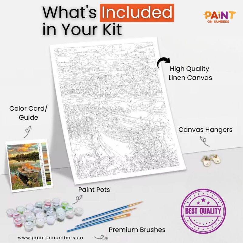 Visual layout of a complete paint by numbers kit from Paint On Numbers Canada, featuring a high-quality linen canvas, paint pots, color guide, premium brushes, and canvas hangers.