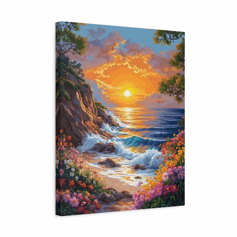 Canvas print of a sunset over a coastal scene with flowers.