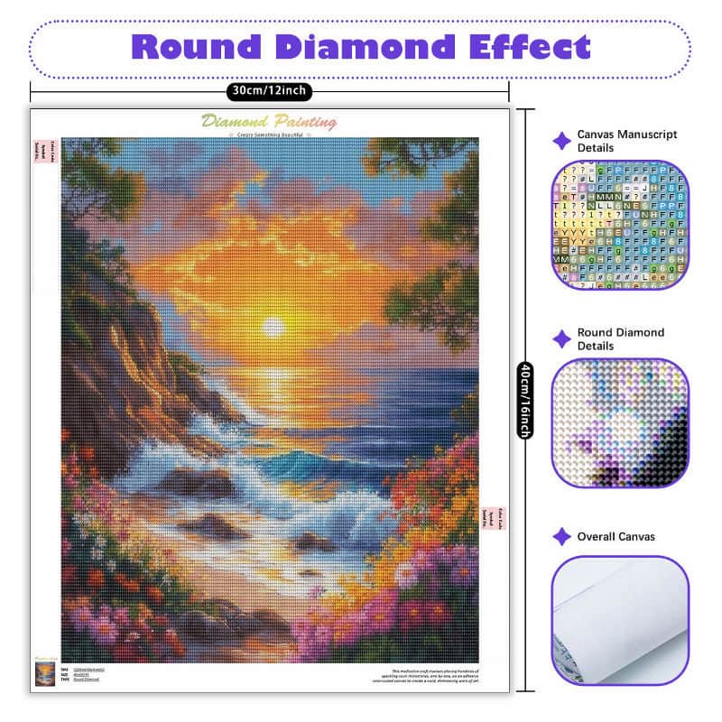 Diamond painting kit with sunset over water scene and round diamond effect details.
