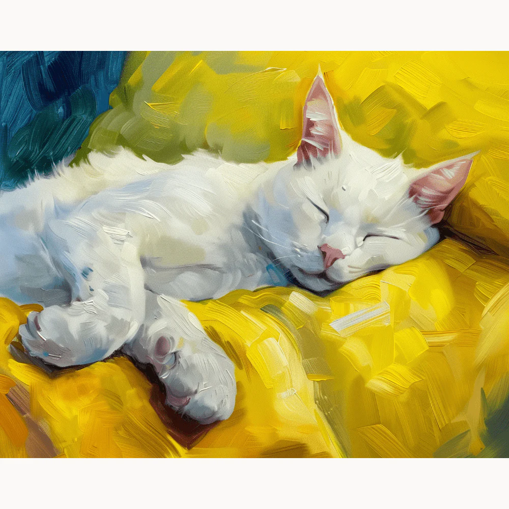 Whisker Dreams Paint By Numbers painting of a peaceful white cat sleeping on a vibrant yellow blanket, ideal for Canadian cat lovers and cozy art decor.