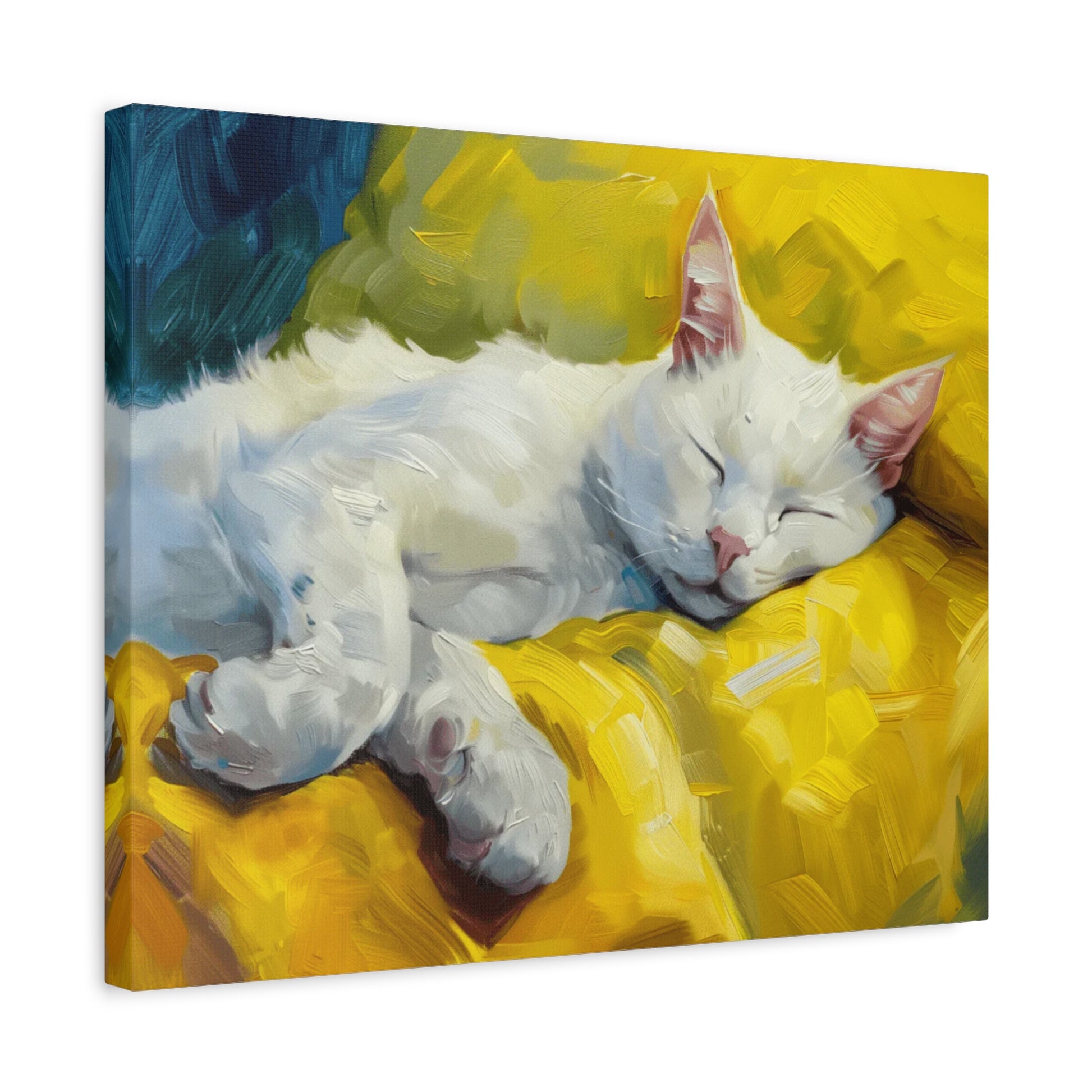 Whisker Dreams Paint By Numbers painting of a peaceful white cat sleeping on a vibrant yellow blanket, ideal for Canadian cat lovers and cozy art decor shown in a frame.