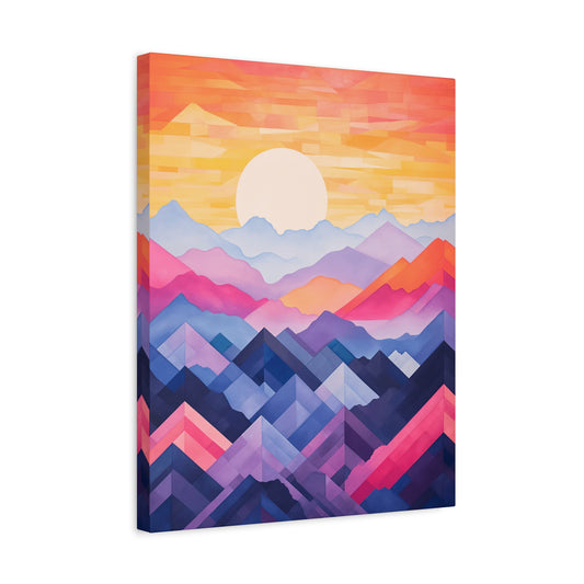 Abstract colorful paint by numbers of mountains and rising sun – peaceful landscape art kit for adults in Canada shown in a frame. 