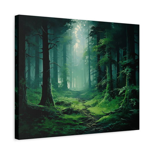 Whispers in the Fog Paint By Numbers Kit Canada, Misty forest landscape with silhouetted trees, offering a tranquil painting experience for adults shown in a frame.
