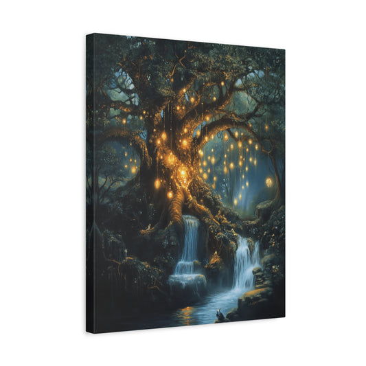 Whispers of Life paint by numbers kit showing a glowing tree with hanging lighted bulbs beside a calm river at night, surrounded by peaceful forest scenery shown in a frame.