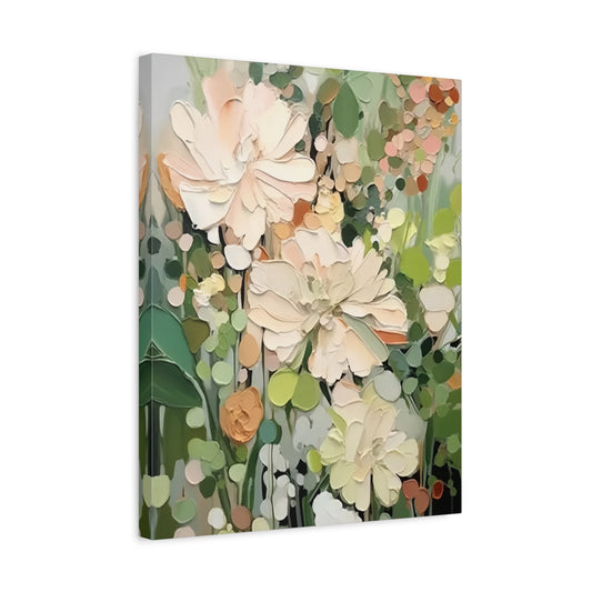 Whispers of Nature Paint By Numbers kit featuring soft white, cream, peach, and green textured flowers and leaves in a peaceful, natural composition, perfect for Canadian artists shown in a frame