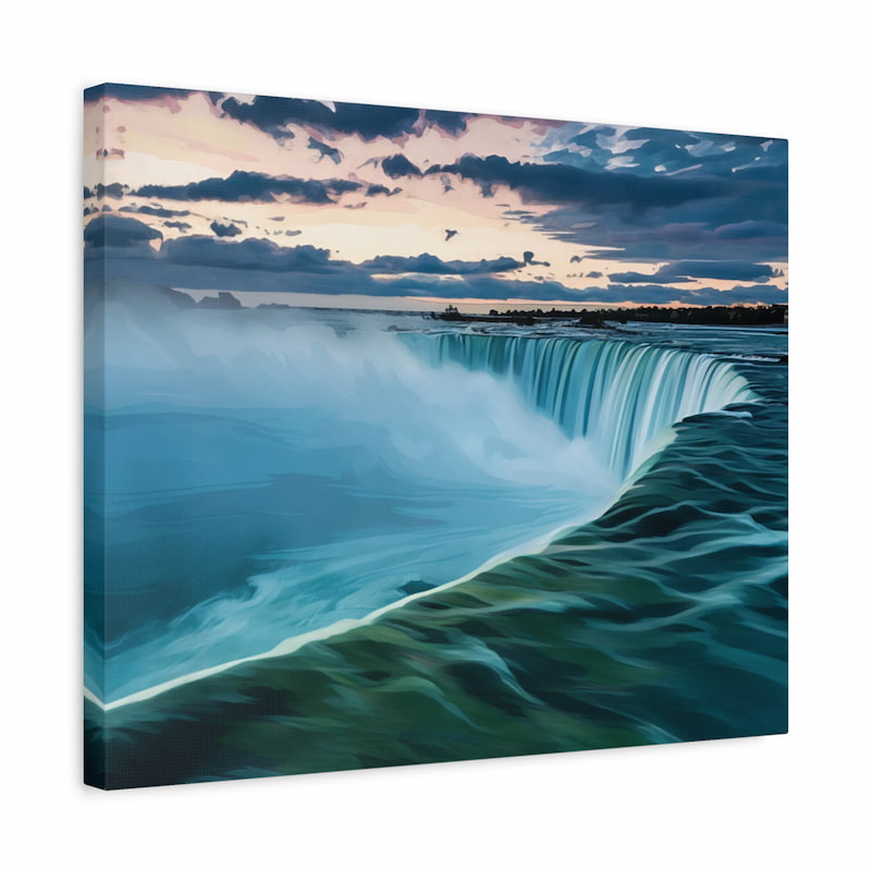 Canvas print of a waterfall with a sunset sky