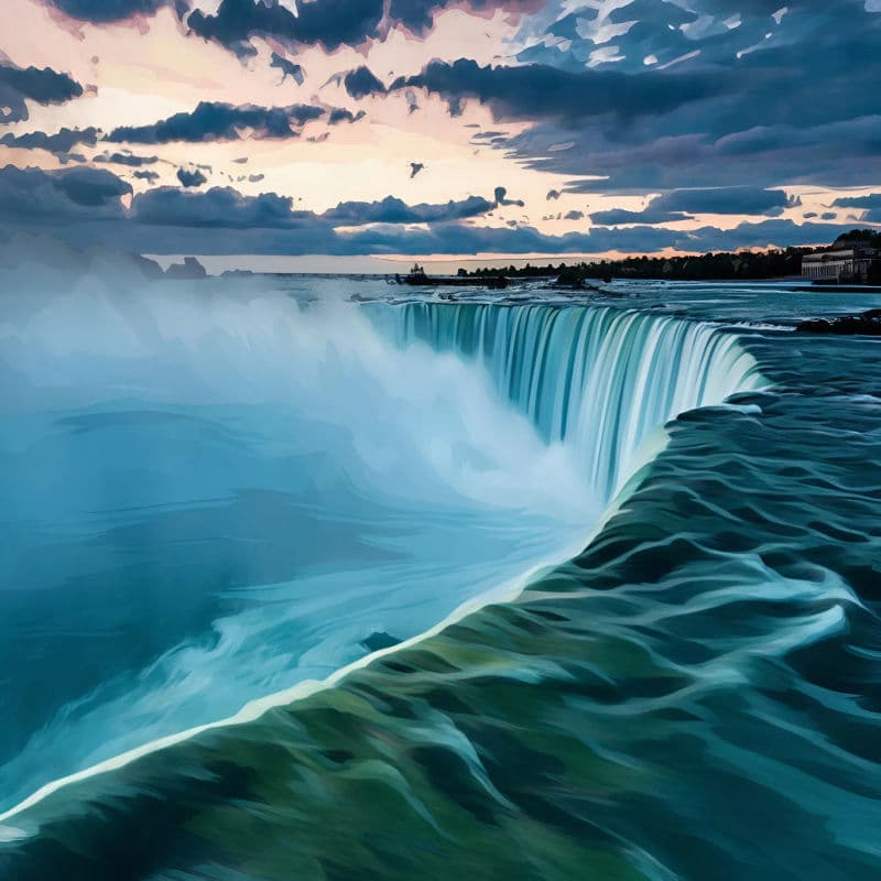 Powerful waterfall with misty spray against a dramatic sky