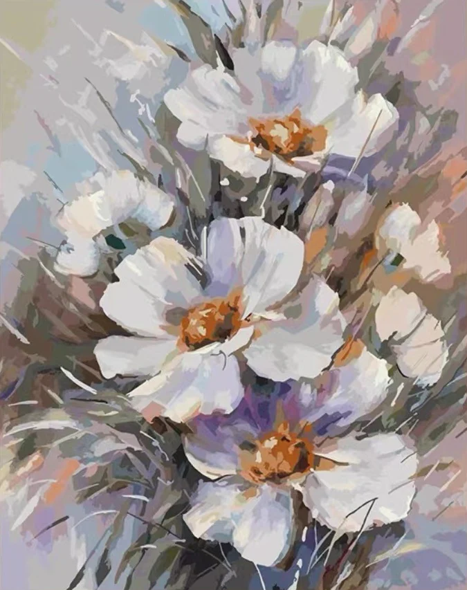 Whispers of White Paint By Numbers kit featuring soft white textured flowers with golden centers against a dreamy pastel-toned background, perfect for Canadian artists.
