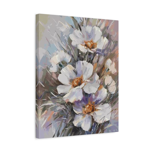 Whispers of White Paint By Numbers kit featuring soft white textured flowers with golden centers against a dreamy pastel-toned background, perfect for Canadian artists shown in a frame.