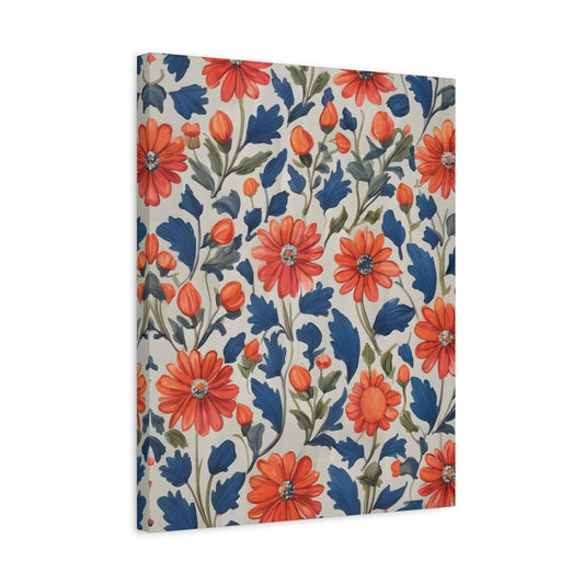 Paint By Numbers artwork featuring bold orange blooms, blue leaves, and botanical accents in a repeating floral pattern, vibrant and energizing for Canadian artists shown in a frame.