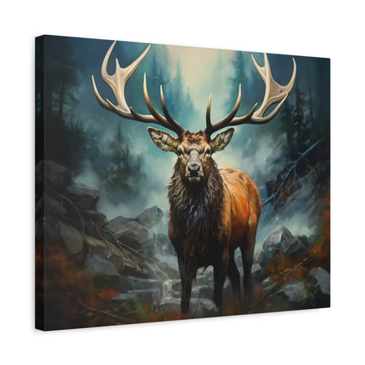 Wild Horns Diamond Painting Kit featuring a powerful stag with massive antlers standing in a misty forest among rocky terrain and dramatic light shown in a frame