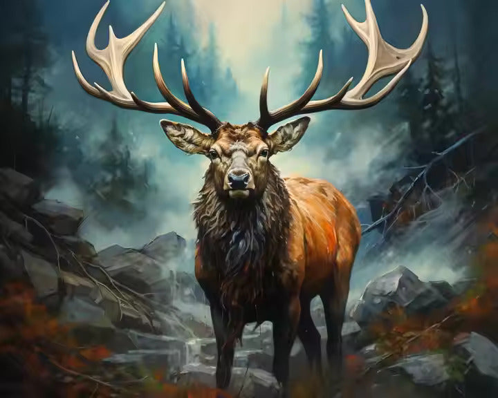 Wild Horns Diamond Painting Kit featuring a powerful stag with massive antlers standing in a misty forest among rocky terrain and dramatic light