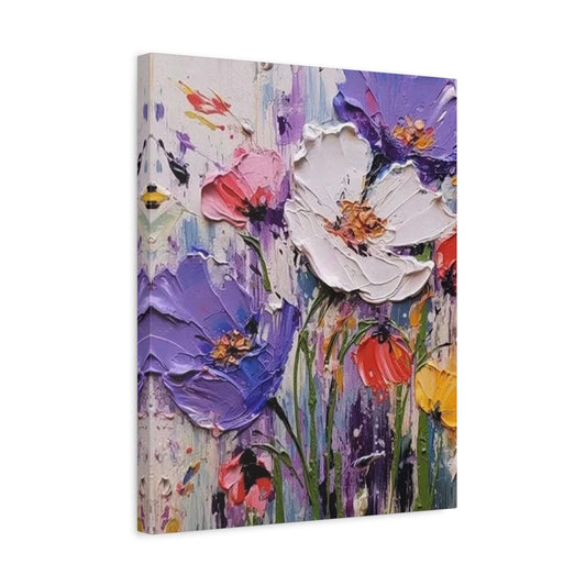 Wild Petal Dance Paint By Numbers kit featuring vibrant purple, white, pink, orange, and yellow palette knife flowers in an expressive textured bouquet, perfect for Canadian artists shown in a frame