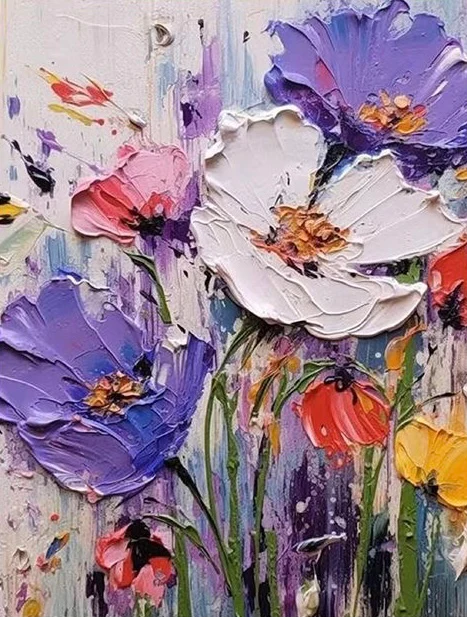 Wild Petal Dance Paint By Numbers kit featuring vibrant purple, white, pink, orange, and yellow palette knife flowers in an expressive textured bouquet, perfect for Canadian artists.