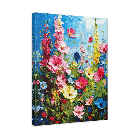 Wildflower Symphony 3D Flowers Paint By Numbers painting featuring a vivid field of sculpted wildflowers in red, pink, yellow, and blue under a bright sky shown in a frame
