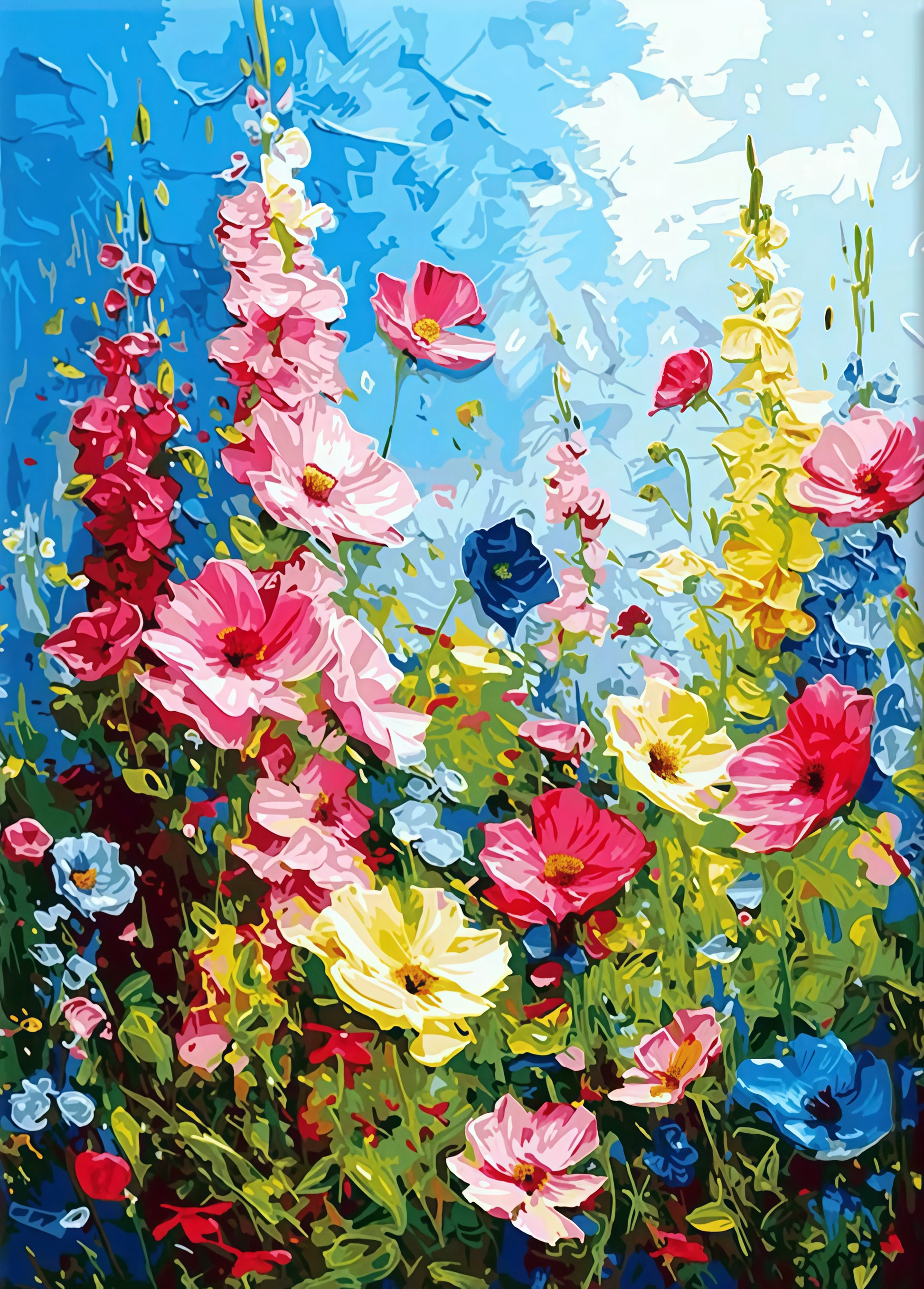 Wildflower Symphony 3D Flowers Paint By Numbers painting featuring a vivid field of sculpted wildflowers in red, pink, yellow, and blue under a bright sky.