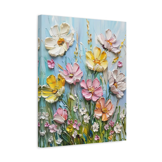 Wildflower Waltz Paint By Numbers kit featuring soft yellow, white, pink, and orange textured flowers blooming like a meadow against a pastel blue sky, perfect for Canadian artists shown in a frame