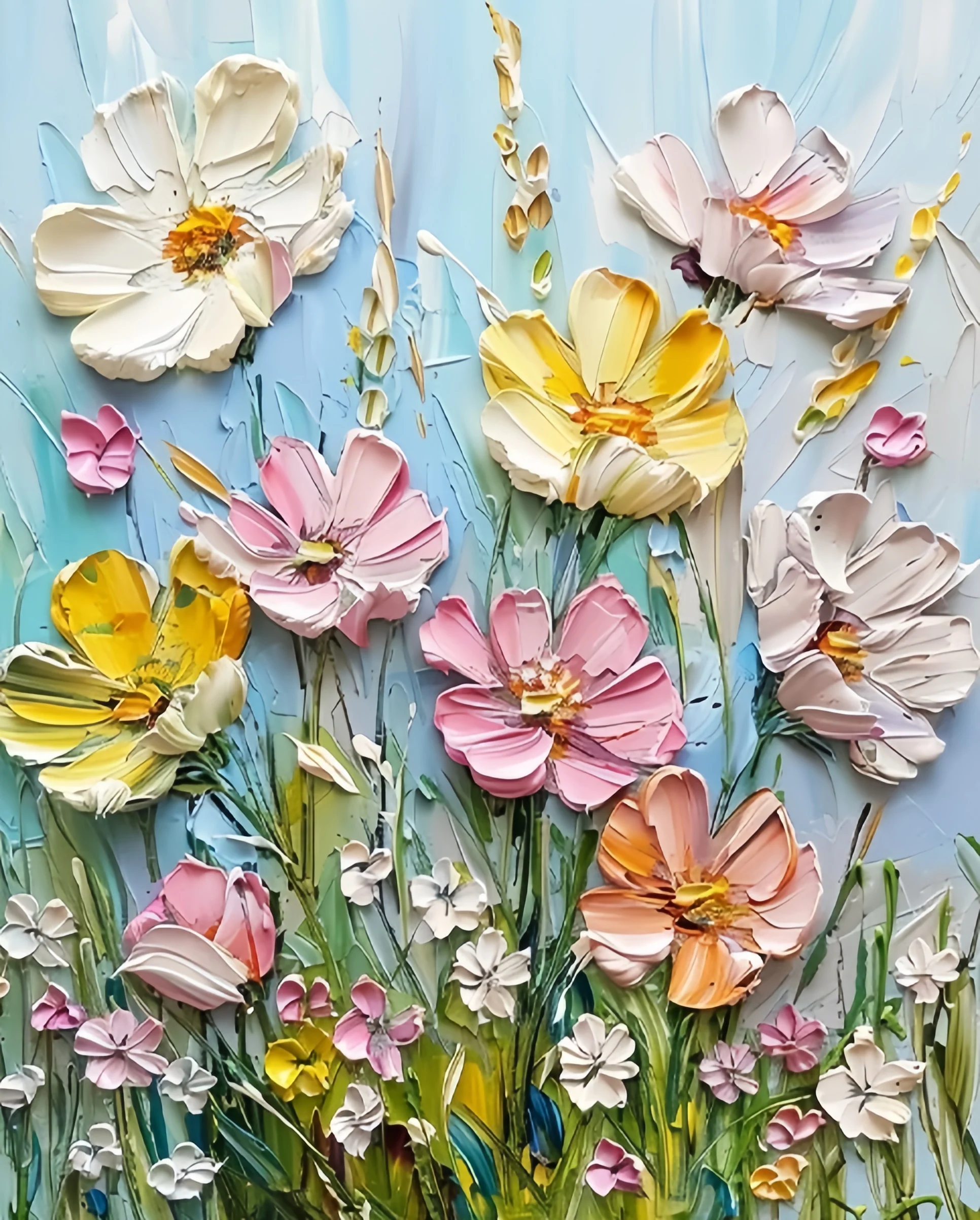 Wildflower Waltz Paint By Numbers kit featuring soft yellow, white, pink, and orange textured flowers blooming like a meadow against a pastel blue sky, perfect for Canadian artists.