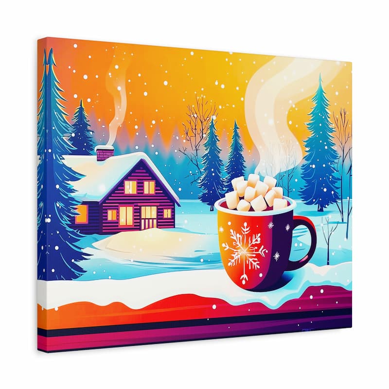 Canvas print with a winter scene featuring a cup of hot chocolate, marshmallows, and a cozy cabin.