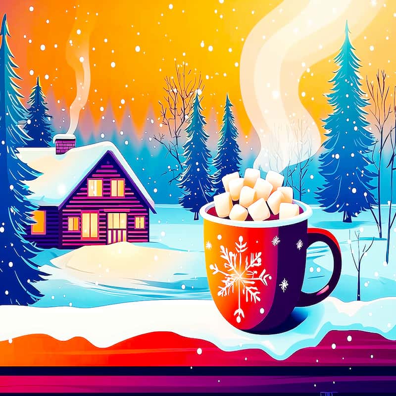 Winter scene with a cozy cabin, mug of hot chocolate, and marshmallows.