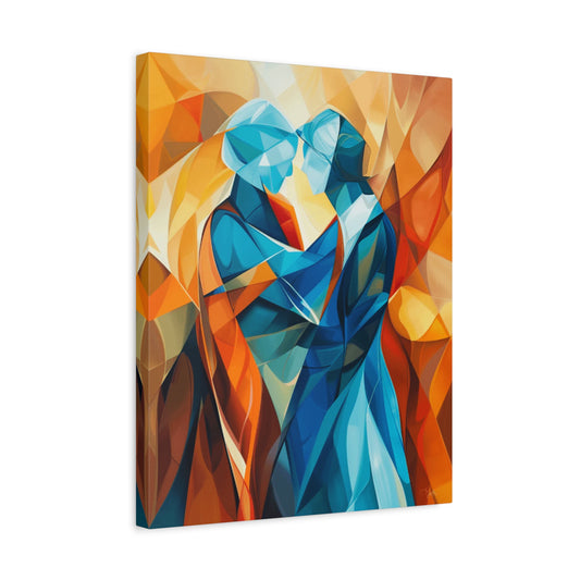 With You Forever Paint By Numbers painting showing an abstract couple in blue and orange tones embracing with soft geometric elegance shown in a frame