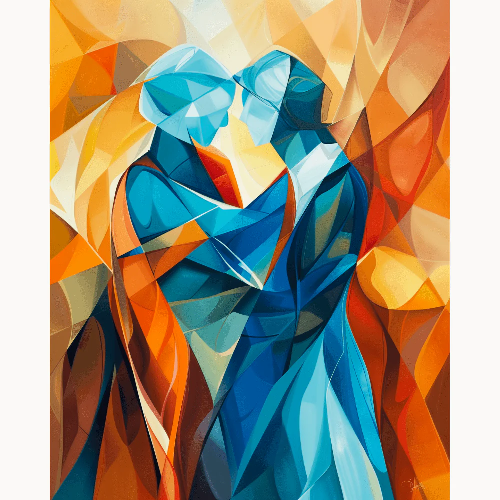 With You Forever Paint By Numbers painting showing an abstract couple in blue and orange tones embracing with soft geometric elegance
