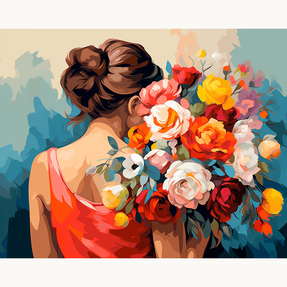 Women In Red Paint By Numbers Kit featuring a girl in a red dress seen from behind, holding a bouquet of colorful flowers