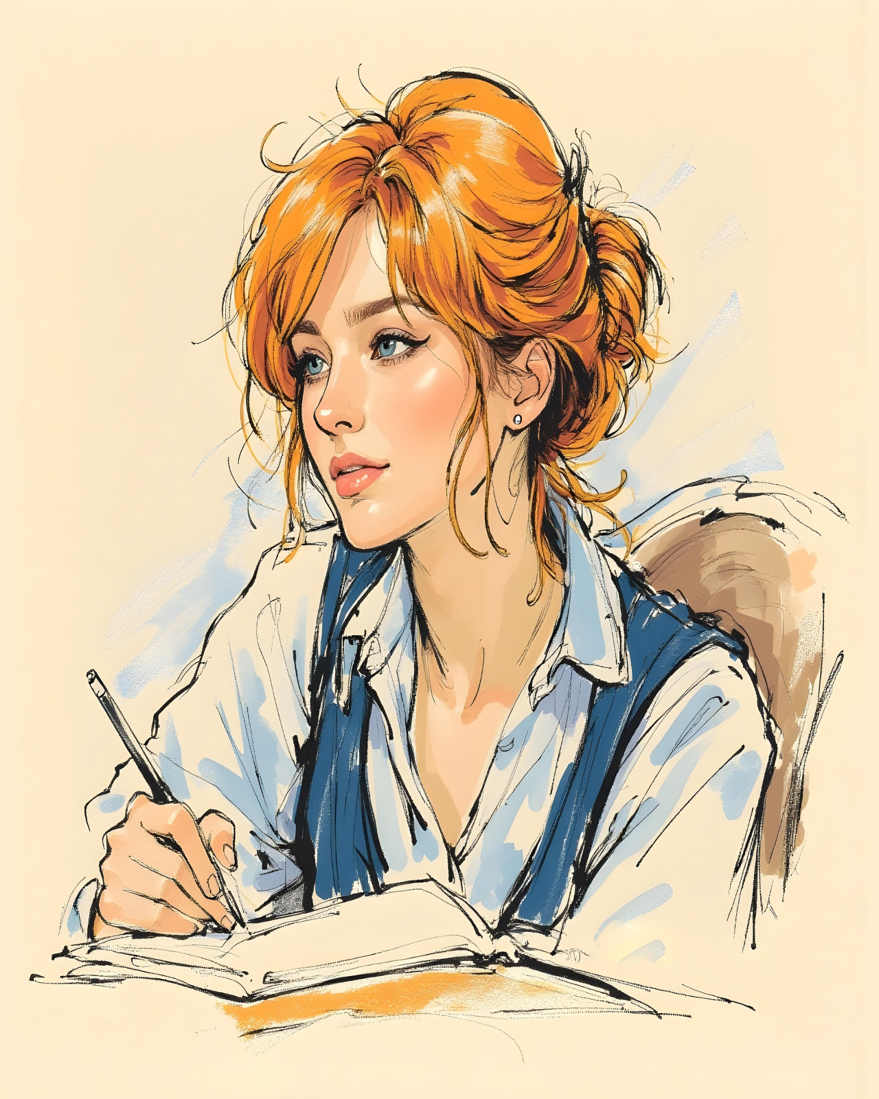 Minimalist illustration of a red-haired woman writing in a notebook, featuring soft pastel tones and expressive linework, designed for Paint By Numbers fans in Canada
