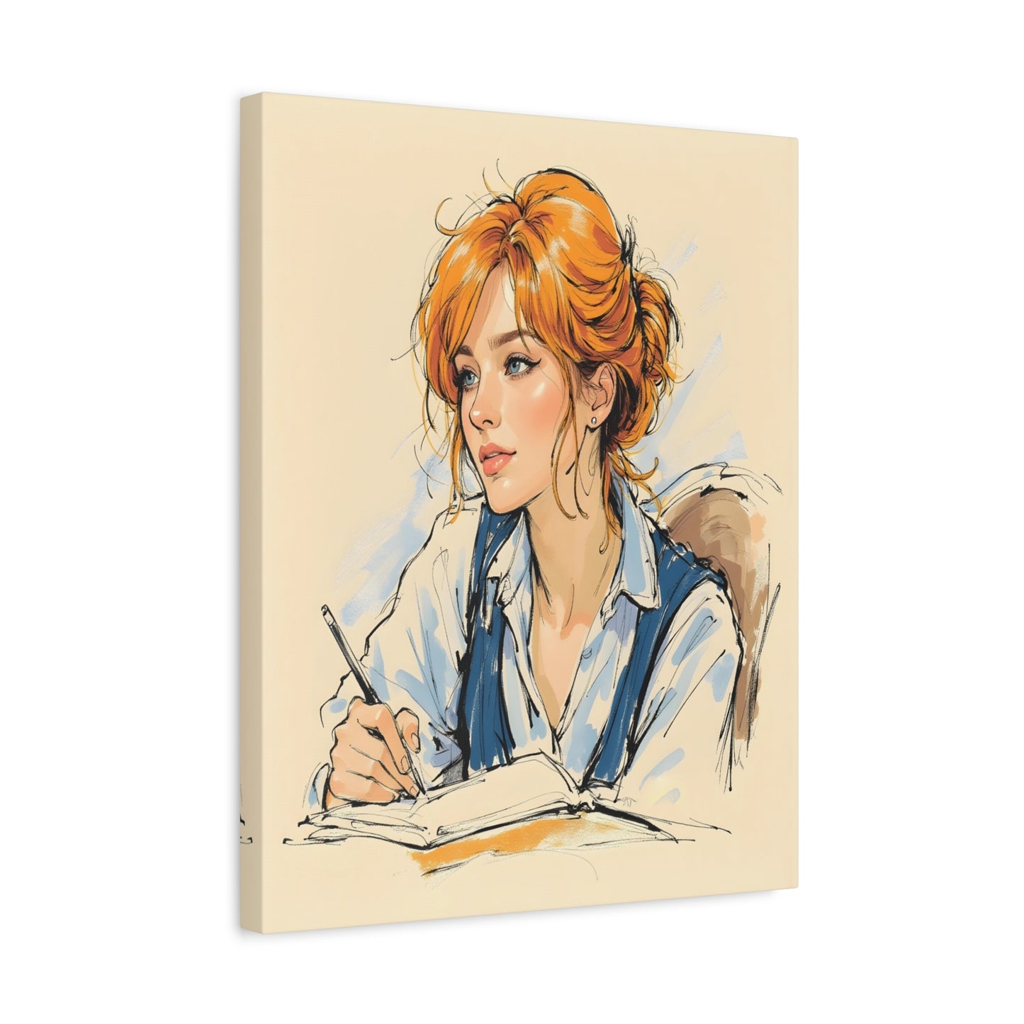 Minimalist illustration of a red-haired woman writing in a notebook, featuring soft pastel tones and expressive linework, designed for Paint By Numbers fans in Canada shown in a frame