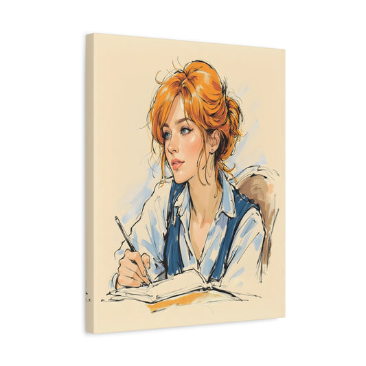 Minimalist illustration of a red-haired woman writing in a notebook, featuring soft pastel tones and expressive linework, designed for Paint By Numbers fans in Canada shown in a frame