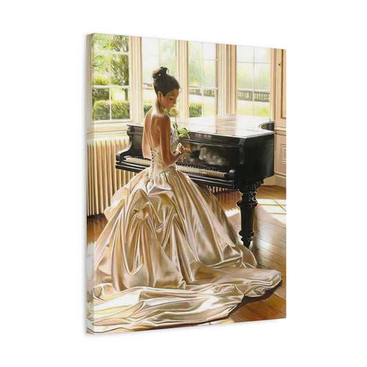 Elegant young woman seated at a piano in a vintage room, captured in a classical-inspired paint by numbers kit for adults sown in a frame.