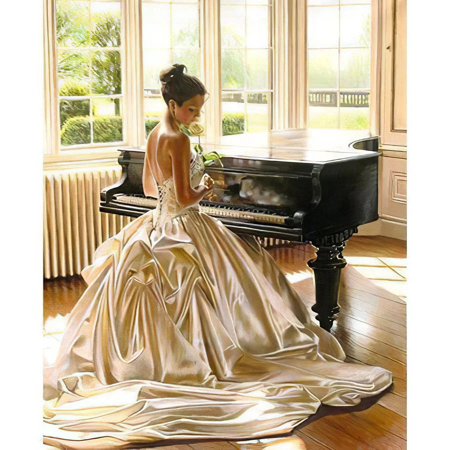Elegant young woman seated at a piano in a vintage room, captured in a classical-inspired paint by numbers kit for adults